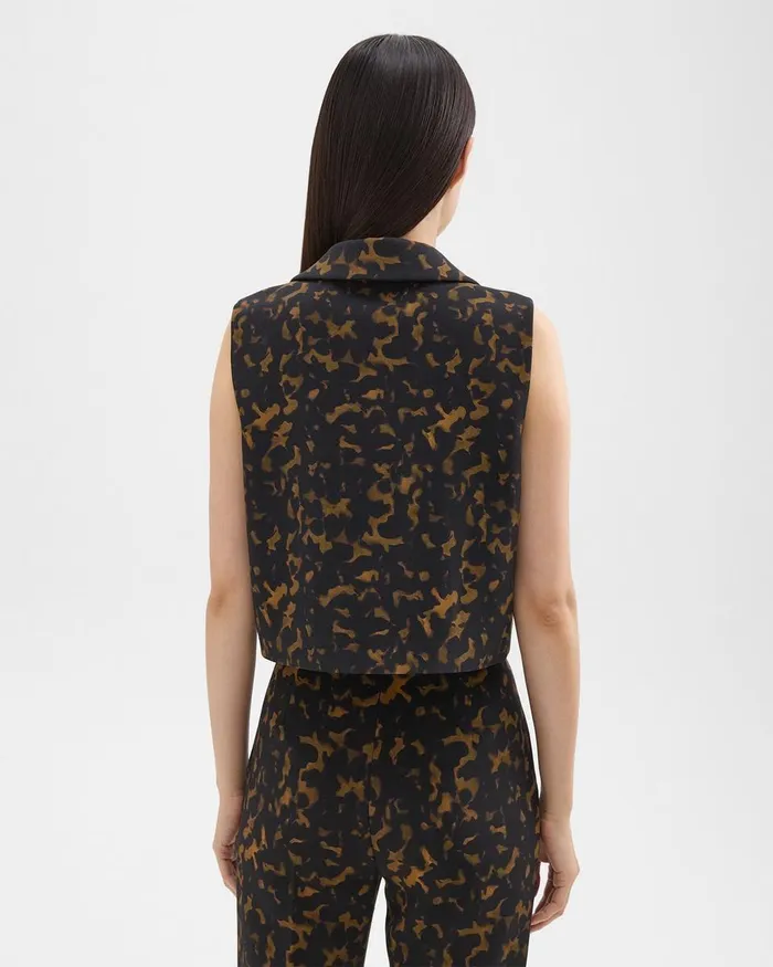 Theory Tops Cropped Sleeveless Polo In Tortoiseshell Printed Crepe Dark Brown Multi 8211 Women