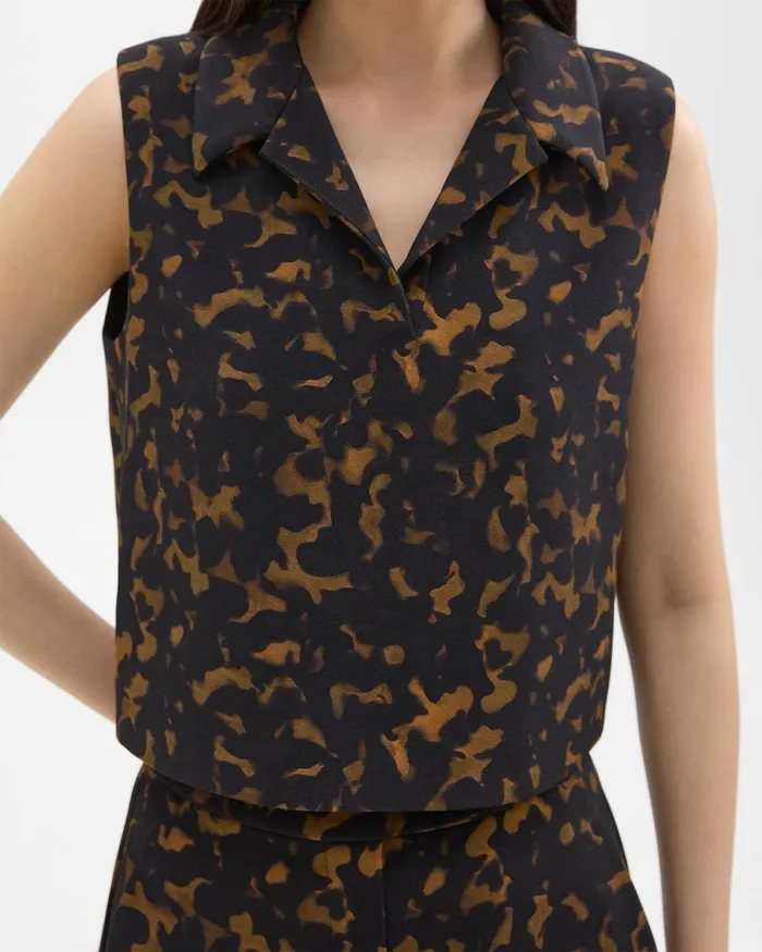 Theory Tops Cropped Sleeveless Polo In Tortoiseshell Printed Crepe Dark Brown Multi 8211 Women
