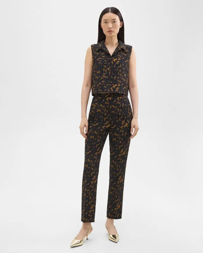 Theory Tops Cropped Sleeveless Polo In Tortoiseshell Printed Crepe Dark Brown Multi 8211 Women