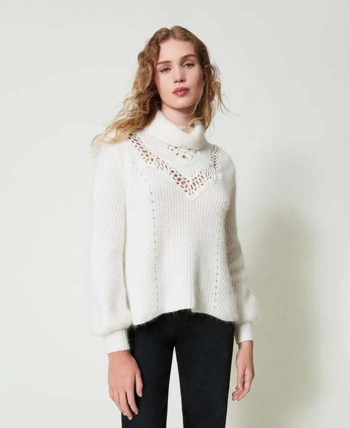 Twinset Angora Blend Jumper With Embroidery White Snow Women Jumpers And Cardigans Twinset Angora Blend Jumper With Embroidery White Snow Women Jumpers And Cardigans
