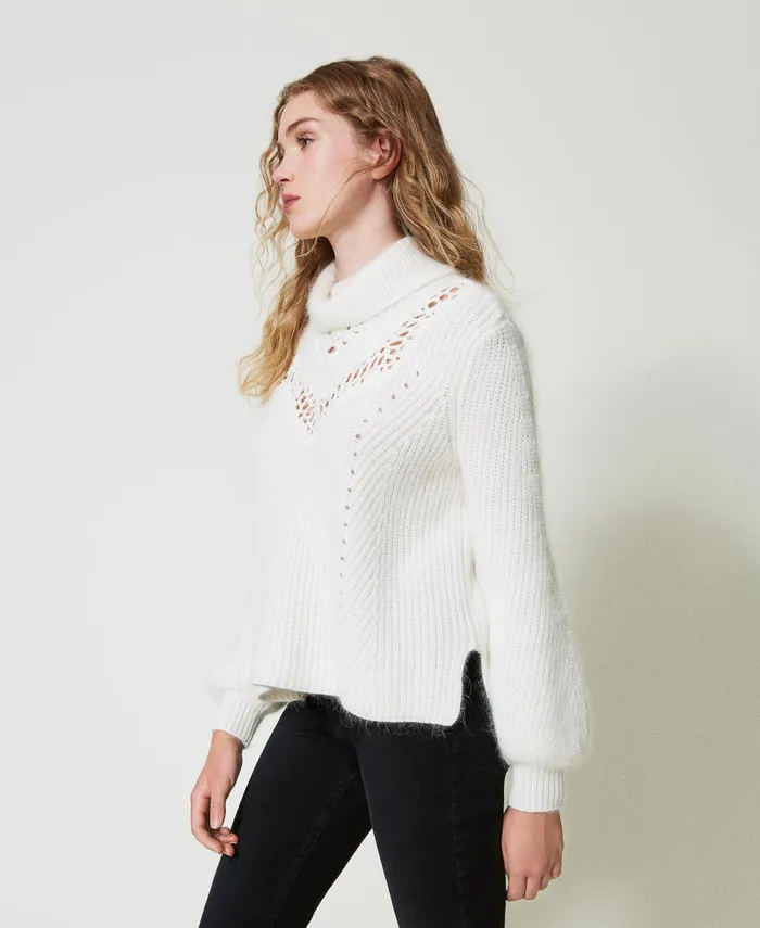 Twinset Angora Blend Jumper With Embroidery White Snow Women Jumpers And Cardigans Twinset Angora Blend Jumper With Embroidery White Snow Women Jumpers And Cardigans