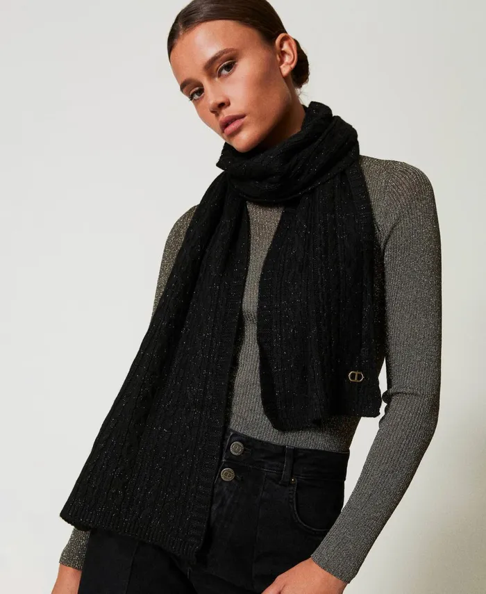 Twinset Cable Knit Scarf With Lurex Black Women Scarves