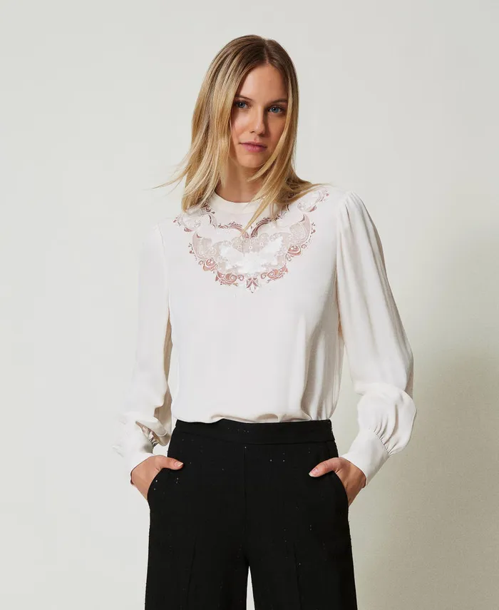 Twinset Crpe Blouse With Floral Embroidery White Cream Women Blouses And Shirts