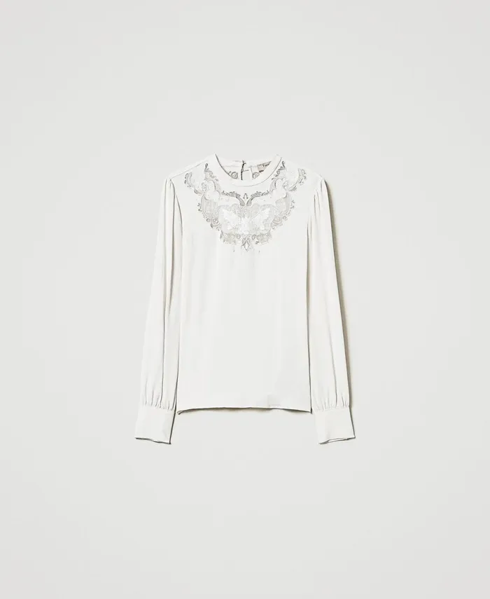 Twinset Crpe Blouse With Floral Embroidery White Cream Women Blouses And Shirts Twinset Crpe Blouse With Floral Embroidery White Cream Women Blouses And Shirts