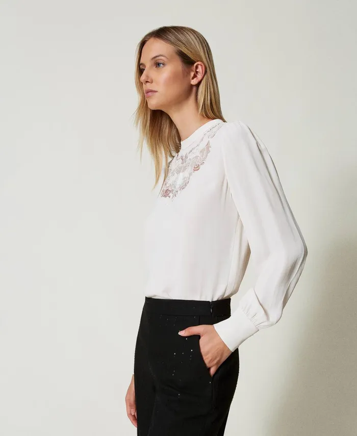 Twinset Crpe Blouse With Floral Embroidery White Cream Women Blouses And Shirts Twinset Crpe Blouse With Floral Embroidery White Cream Women Blouses And Shirts