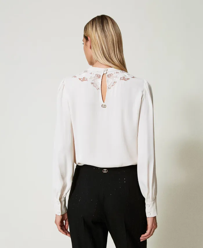 Twinset Crpe Blouse With Floral Embroidery White Cream Women Blouses And Shirts Twinset Crpe Blouse With Floral Embroidery White Cream Women Blouses And Shirts