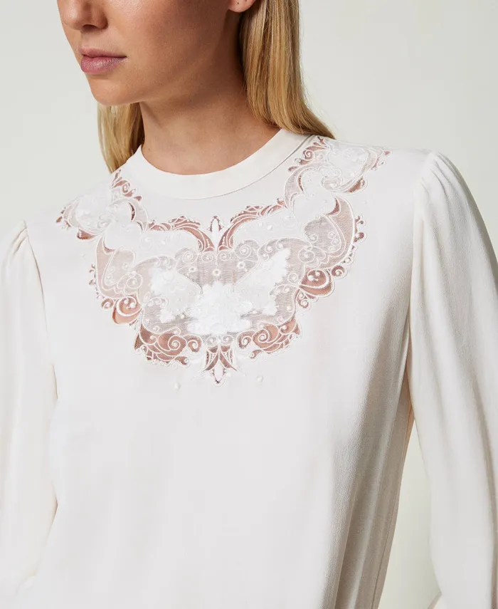 Twinset Crpe Blouse With Floral Embroidery White Cream Women Blouses And Shirts Twinset Crpe Blouse With Floral Embroidery White Cream Women Blouses And Shirts
