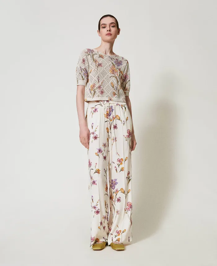 Twinset Crpe De Chine Floral Trousers With Elasticated Waist Multicolourmother Of Pearl Iris Print Women Suits And Sets