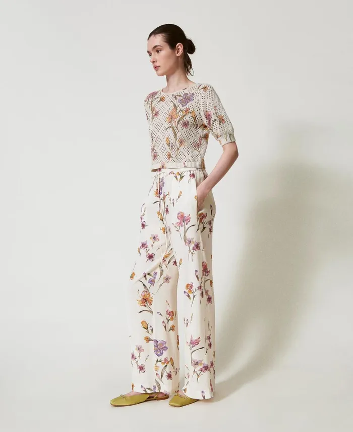 Twinset Crpe De Chine Floral Trousers With Elasticated Waist Multicolourmother Of Pearl Iris Print Women Suits And Sets Twinset Crpe De Chine Floral Trousers With Elasticated Waist Multicolourmother Of Pearl Iris Print Women Suits And Sets
