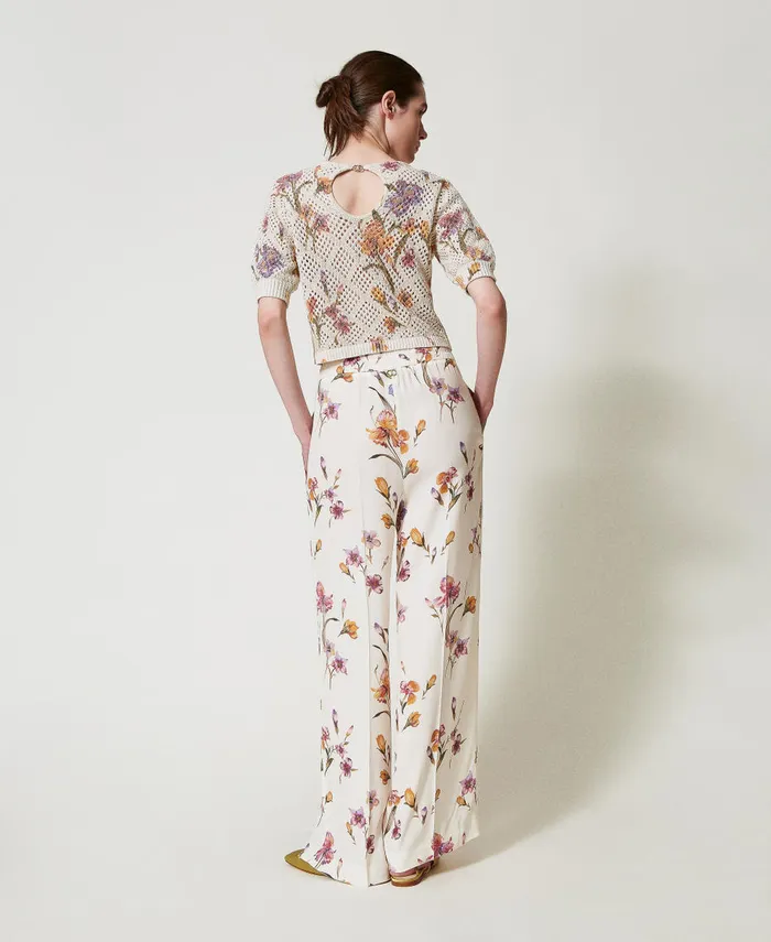 Twinset Crpe De Chine Floral Trousers With Elasticated Waist Multicolourmother Of Pearl Iris Print Women Suits And Sets Twinset Crpe De Chine Floral Trousers With Elasticated Waist Multicolourmother Of Pearl Iris Print Women Suits And Sets