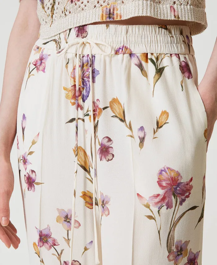 Twinset Crpe De Chine Floral Trousers With Elasticated Waist Multicolourmother Of Pearl Iris Print Women Suits And Sets Twinset Crpe De Chine Floral Trousers With Elasticated Waist Multicolourmother Of Pearl Iris Print Women Suits And Sets