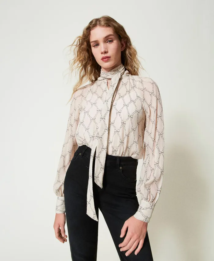 Twinset Creponne Shirt With Bow Print White Cream Black Bow Print Women Blouses And Shirts Twinset Creponne Shirt With Bow Print White Cream Black Bow Print Women Blouses And Shirts