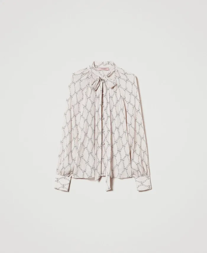 Twinset Creponne Shirt With Bow Print White Cream Black Bow Print Women Blouses And Shirts Twinset Creponne Shirt With Bow Print White Cream Black Bow Print Women Blouses And Shirts
