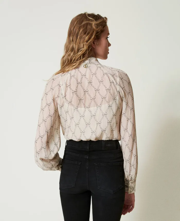 Twinset Creponne Shirt With Bow Print White Cream Black Bow Print Women Blouses And Shirts Twinset Creponne Shirt With Bow Print White Cream Black Bow Print Women Blouses And Shirts