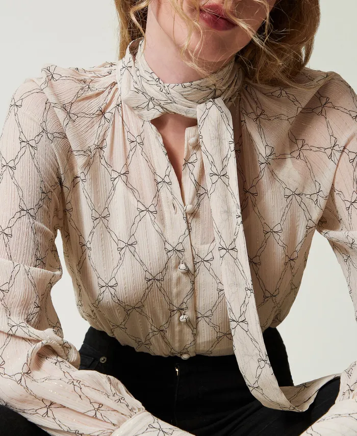 Twinset Creponne Shirt With Bow Print White Cream Black Bow Print Women Blouses And Shirts Twinset Creponne Shirt With Bow Print White Cream Black Bow Print Women Blouses And Shirts
