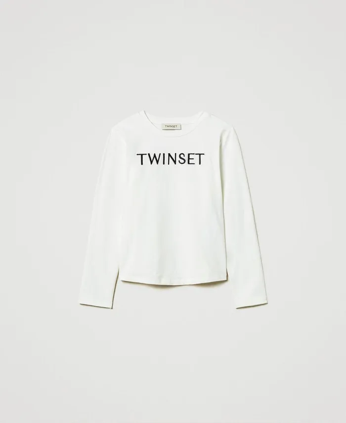 Twinset Cropped TShirt With Embroidered Logo Bicolour Off White Black Girl TShirts And Tops Twinset Cropped TShirt With Embroidered Logo Bicolour Off White Black Girl TShirts And Tops