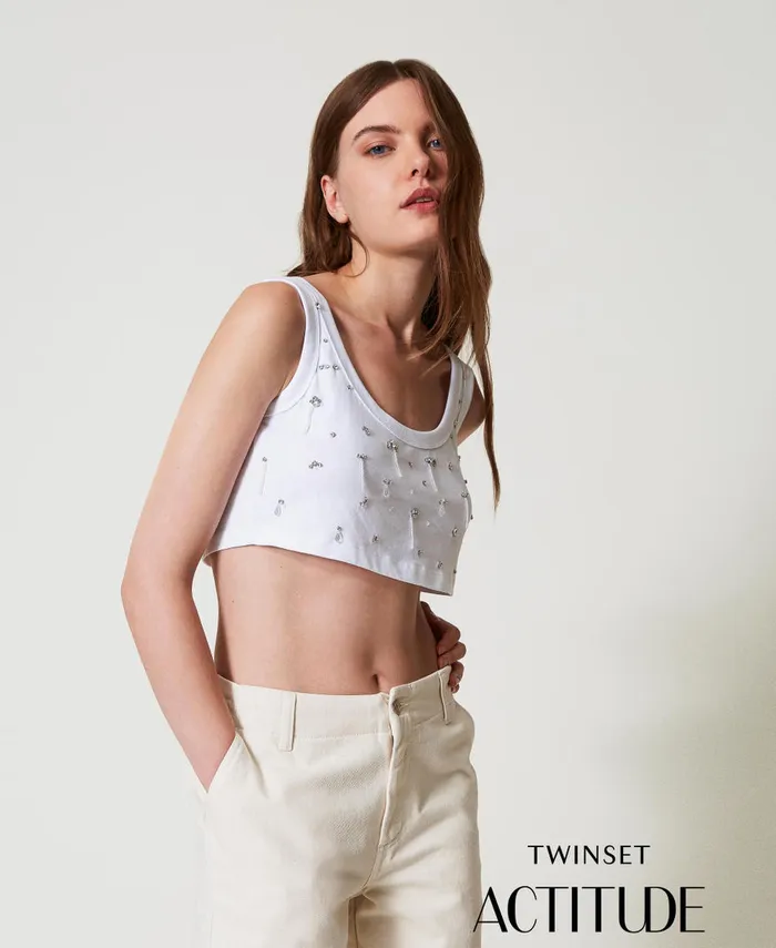 Twinset Cropped Top With Embroidery Papers White Women TShirts And Tops