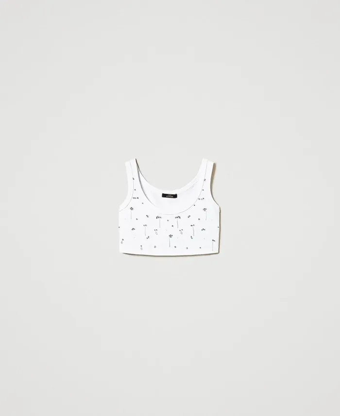 Twinset Cropped Top With Embroidery Papers White Women TShirts And Tops Twinset Cropped Top With Embroidery Papers White Women TShirts And Tops