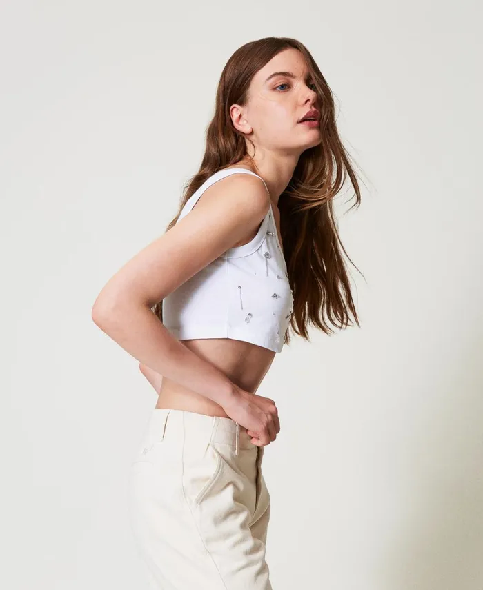 Twinset Cropped Top With Embroidery Papers White Women TShirts And Tops Twinset Cropped Top With Embroidery Papers White Women TShirts And Tops