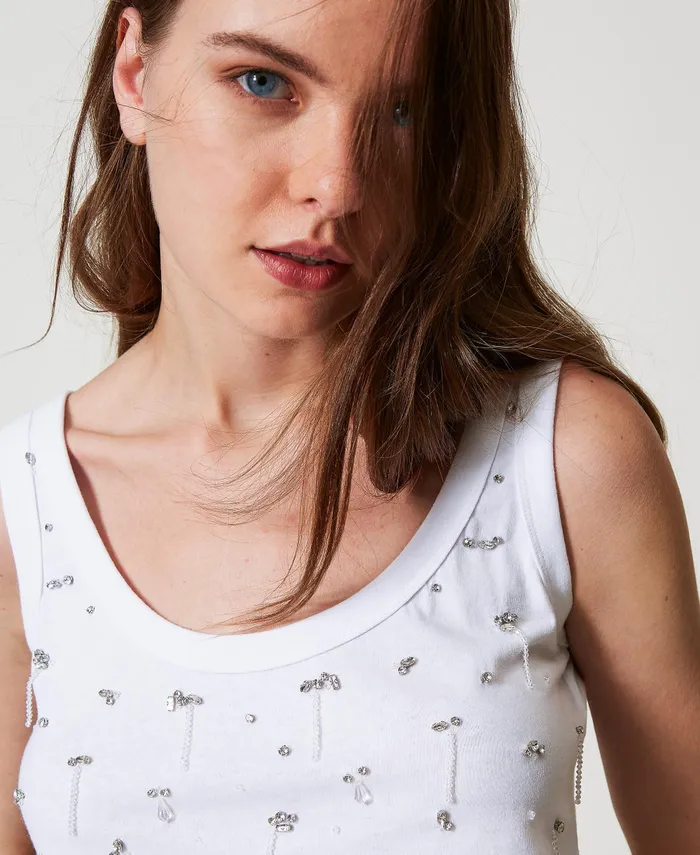 Twinset Cropped Top With Embroidery Papers White Women TShirts And Tops Twinset Cropped Top With Embroidery Papers White Women TShirts And Tops