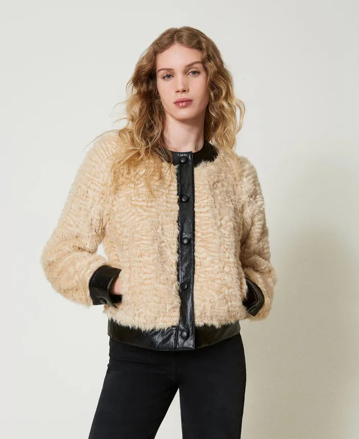 Twinset Faux Fur Boxy Jacket Twotone Ivory Black Women Jackets And Outerwear