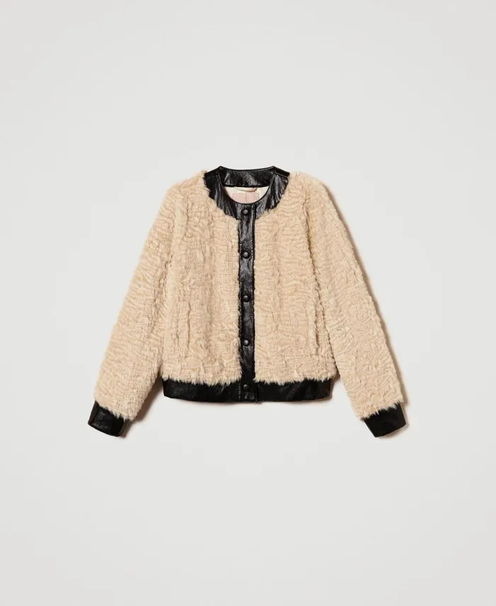 Twinset Faux Fur Boxy Jacket Twotone Ivory Black Women Jackets And Outerwear Twinset Faux Fur Boxy Jacket Twotone Ivory Black Women Jackets And Outerwear