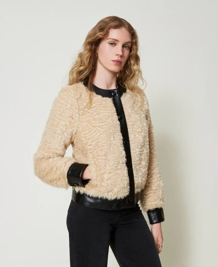 Twinset Faux Fur Boxy Jacket Twotone Ivory Black Women Jackets And Outerwear Twinset Faux Fur Boxy Jacket Twotone Ivory Black Women Jackets And Outerwear
