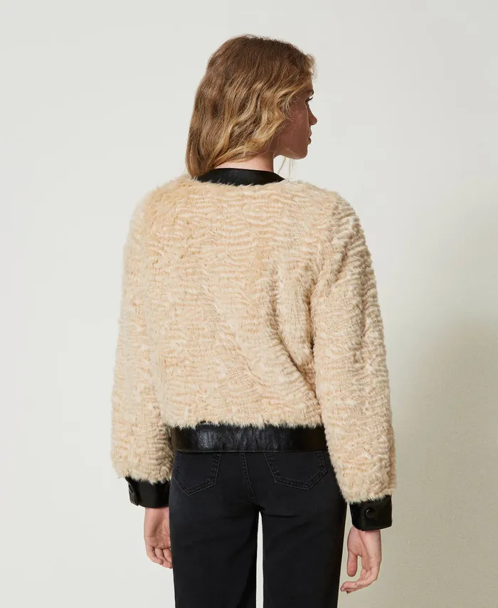 Twinset Faux Fur Boxy Jacket Twotone Ivory Black Women Jackets And Outerwear Twinset Faux Fur Boxy Jacket Twotone Ivory Black Women Jackets And Outerwear