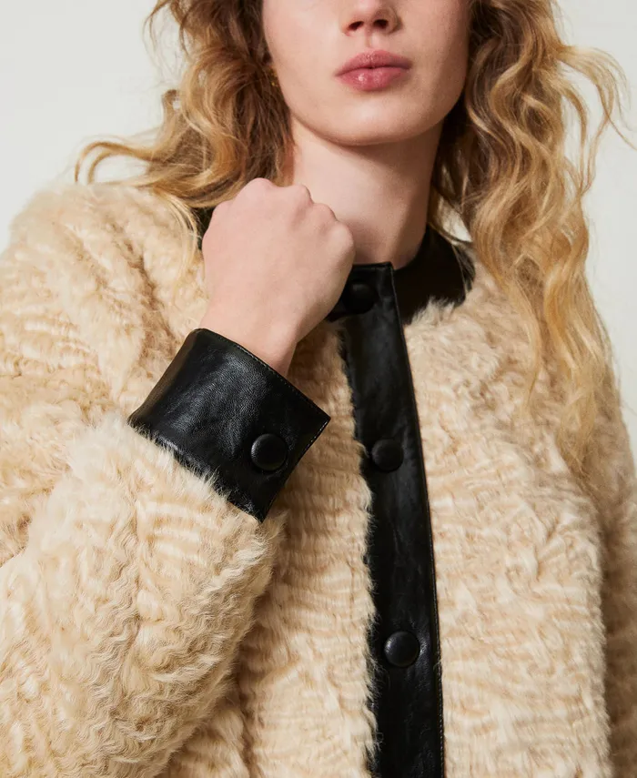 Twinset Faux Fur Boxy Jacket Twotone Ivory Black Women Jackets And Outerwear Twinset Faux Fur Boxy Jacket Twotone Ivory Black Women Jackets And Outerwear