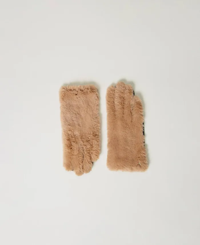 Twinset Faux Fur Gloves Beaver Brown Women Gloves
