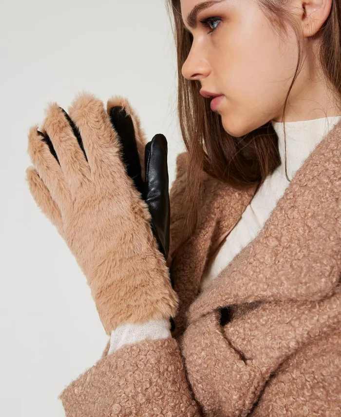 Twinset Faux Fur Gloves Beaver Brown Women Gloves