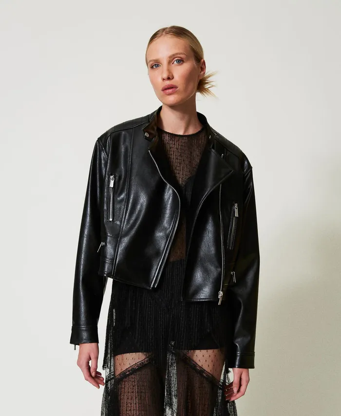Twinset Faux Leather Biker Jacket Black Women Jackets And Outerwear