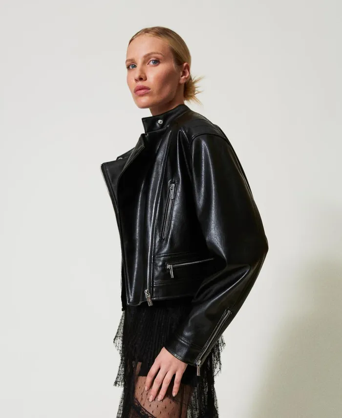 Twinset Faux Leather Biker Jacket Black Women Jackets And Outerwear Twinset Faux Leather Biker Jacket Black Women Jackets And Outerwear