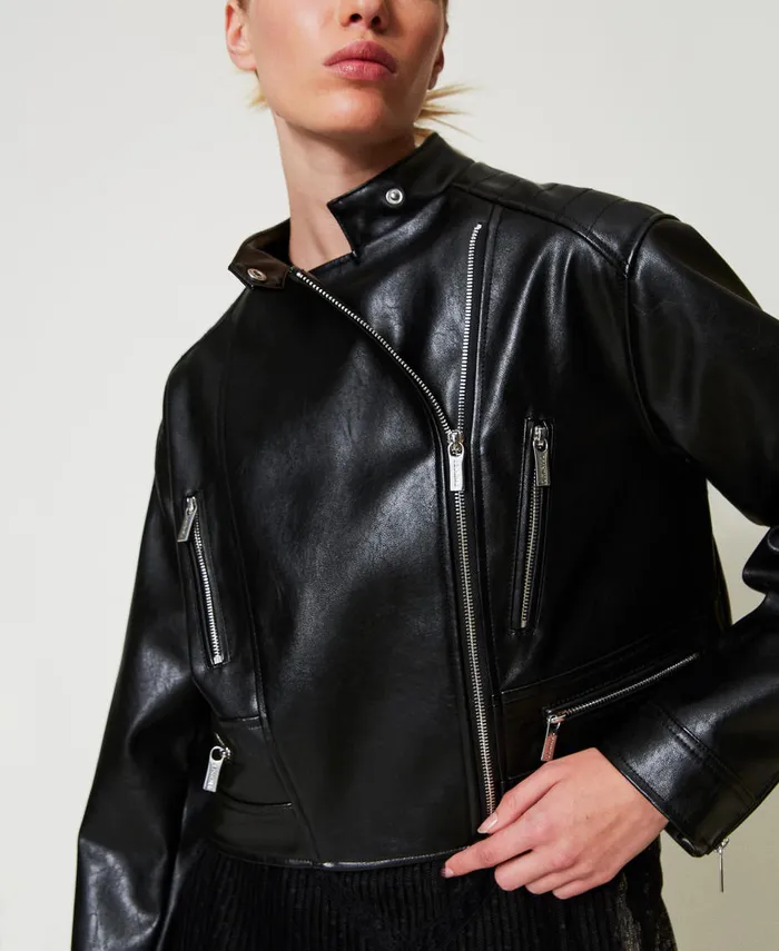Twinset Faux Leather Biker Jacket Black Women Jackets And Outerwear Twinset Faux Leather Biker Jacket Black Women Jackets And Outerwear