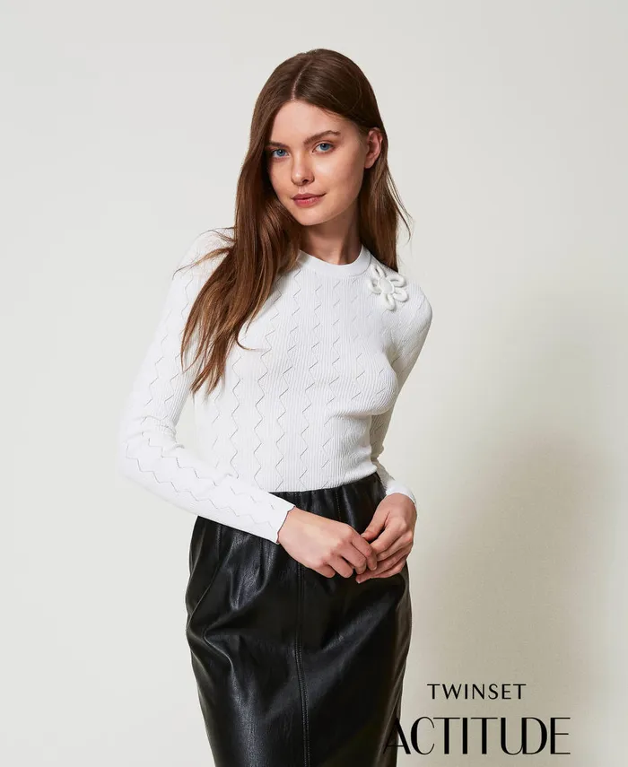 Twinset Fitted Jumper With Flower Papers White Women Jumpers And Cardigans
