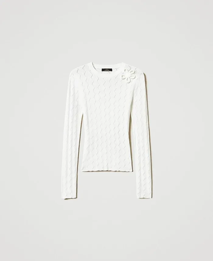Twinset Fitted Jumper With Flower Papers White Women Jumpers And Cardigans Twinset Fitted Jumper With Flower Papers White Women Jumpers And Cardigans
