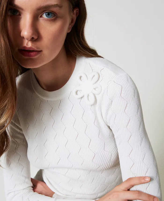 Twinset Fitted Jumper With Flower Papers White Women Jumpers And Cardigans Twinset Fitted Jumper With Flower Papers White Women Jumpers And Cardigans