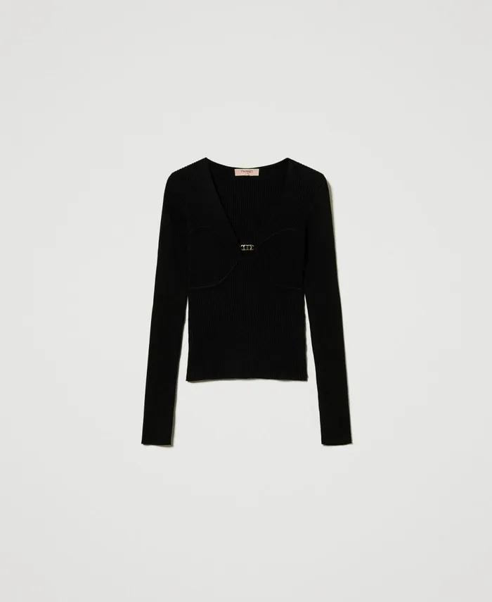 Twinset Fitted Jumper With Oval T Logo Black Women Jumpers And Cardigans Twinset Fitted Jumper With Oval T Logo Black Women Jumpers And Cardigans