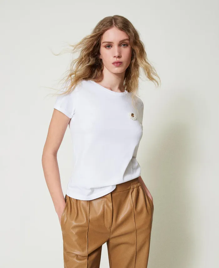 Twinset Fitted TShirt With Crochet Brooch White Women TShirts And Tops