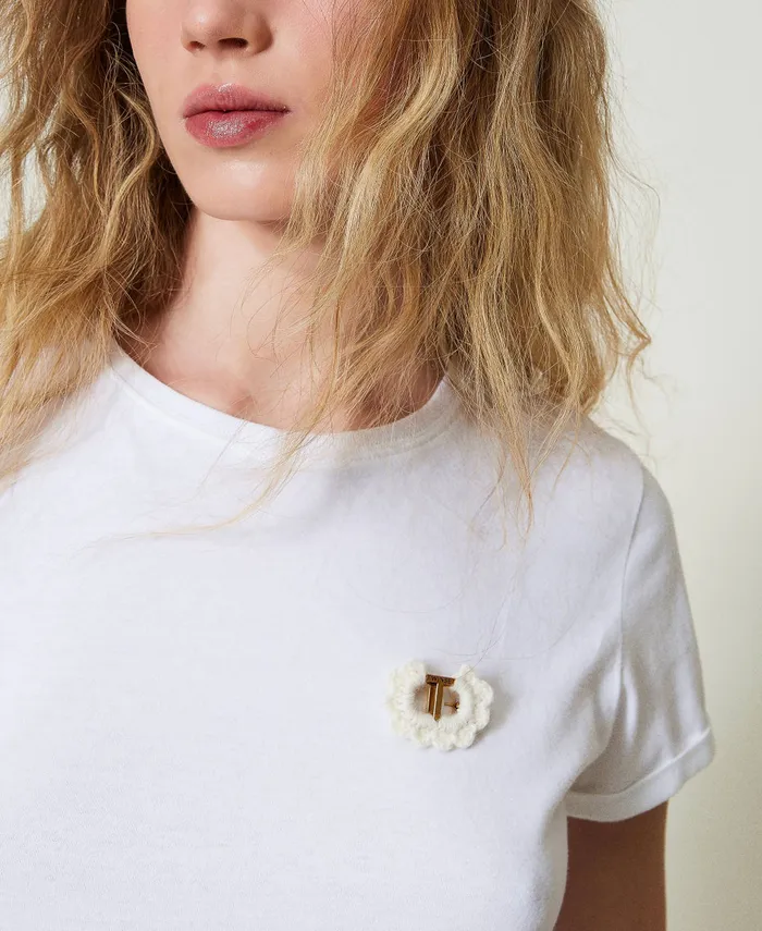 Twinset Fitted TShirt With Crochet Brooch White Women TShirts And Tops Twinset Fitted TShirt With Crochet Brooch White Women TShirts And Tops