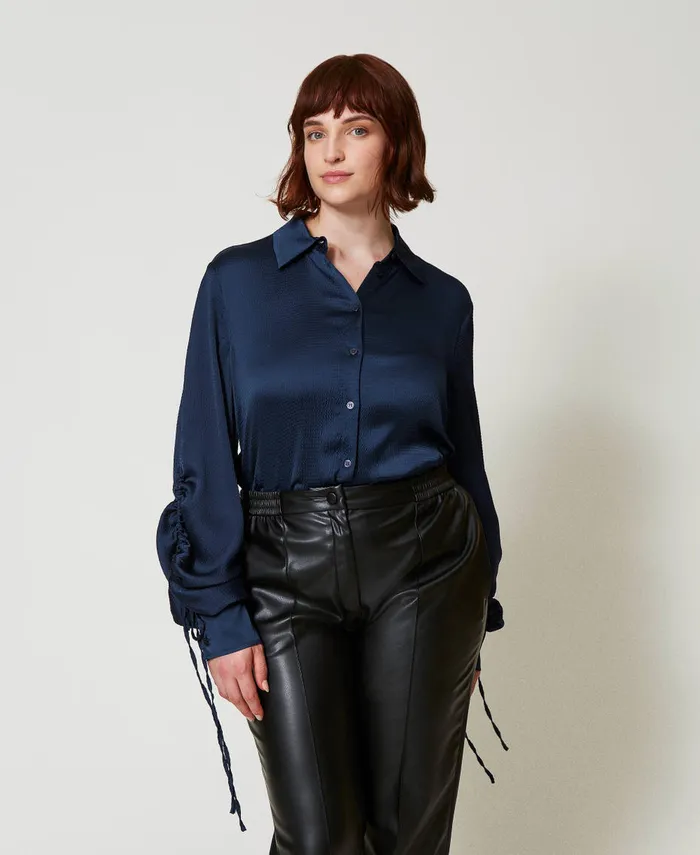 Twinset Hammered Satin Shirt With CutOut Indigo Women Blouses And Shirts