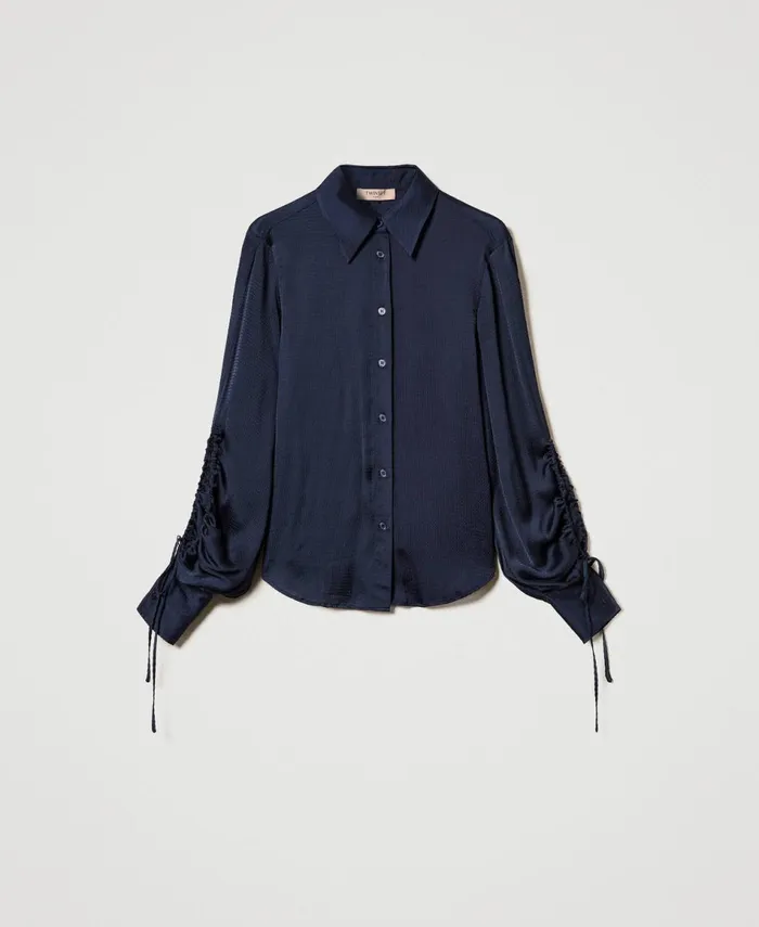 Twinset Hammered Satin Shirt With CutOut Indigo Women Blouses And Shirts Twinset Hammered Satin Shirt With CutOut Indigo Women Blouses And Shirts
