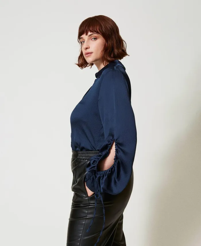 Twinset Hammered Satin Shirt With CutOut Indigo Women Blouses And Shirts Twinset Hammered Satin Shirt With CutOut Indigo Women Blouses And Shirts