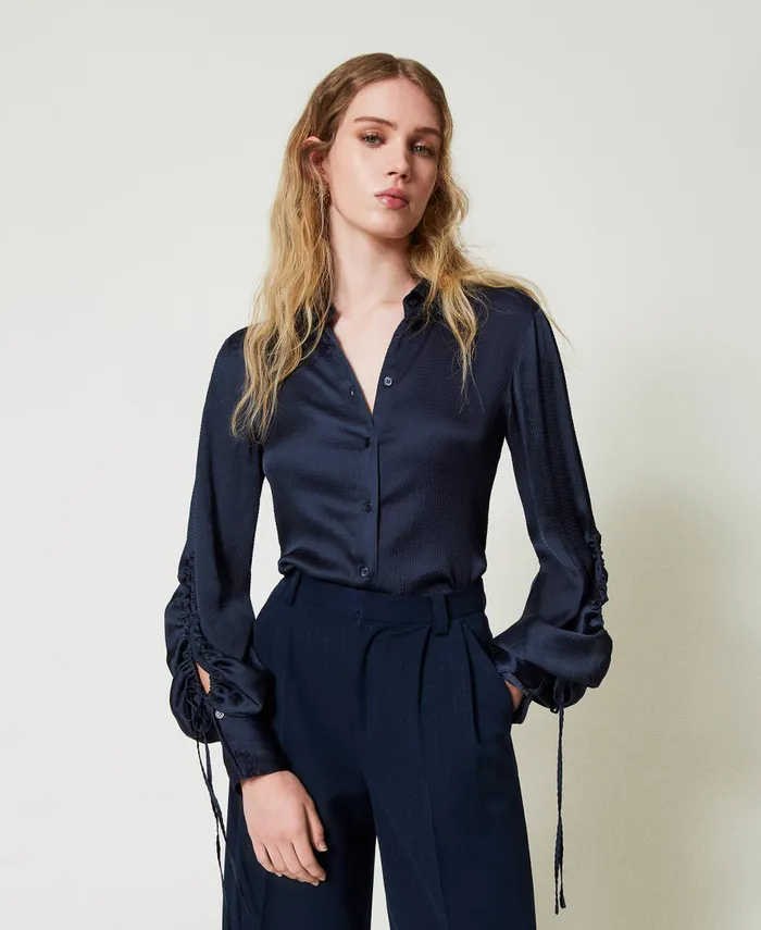 Twinset Hammered Satin Shirt With CutOut Indigo Women Blouses And Shirts Twinset Hammered Satin Shirt With CutOut Indigo Women Blouses And Shirts