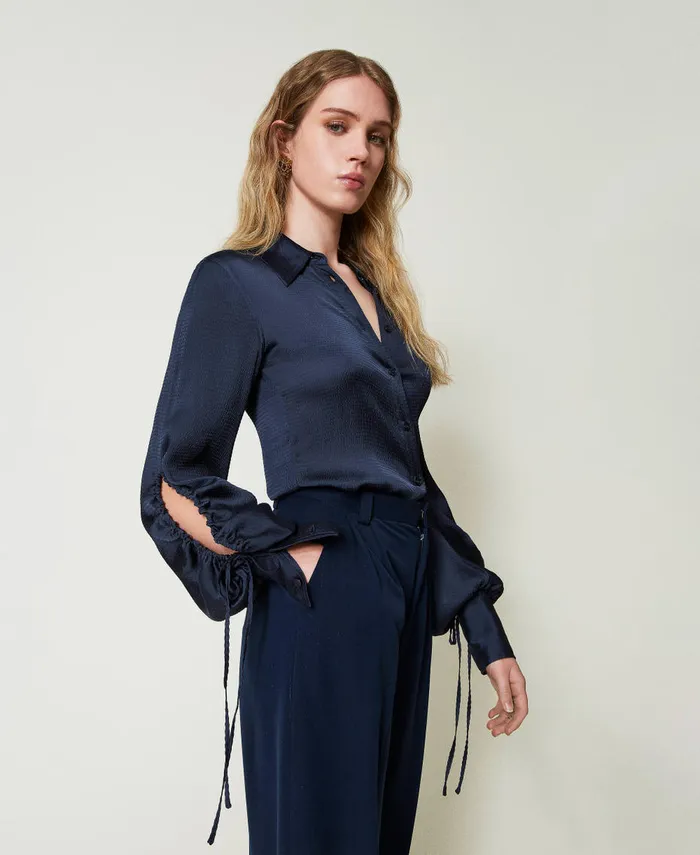 Twinset Hammered Satin Shirt With CutOut Indigo Women Blouses And Shirts Twinset Hammered Satin Shirt With CutOut Indigo Women Blouses And Shirts