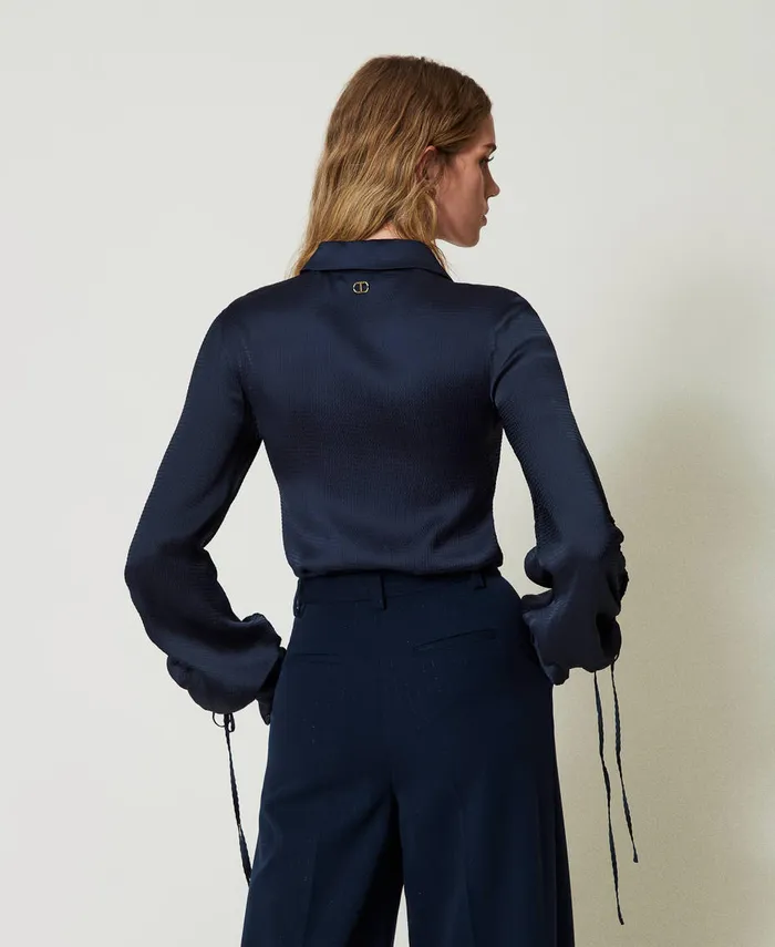 Twinset Hammered Satin Shirt With CutOut Indigo Women Blouses And Shirts Twinset Hammered Satin Shirt With CutOut Indigo Women Blouses And Shirts