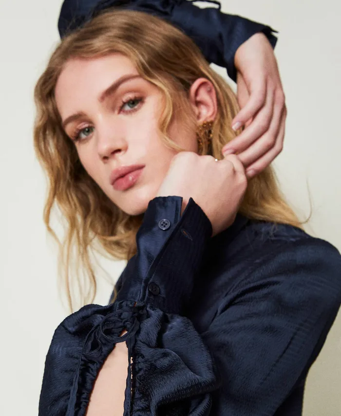 Twinset Hammered Satin Shirt With CutOut Indigo Women Blouses And Shirts Twinset Hammered Satin Shirt With CutOut Indigo Women Blouses And Shirts
