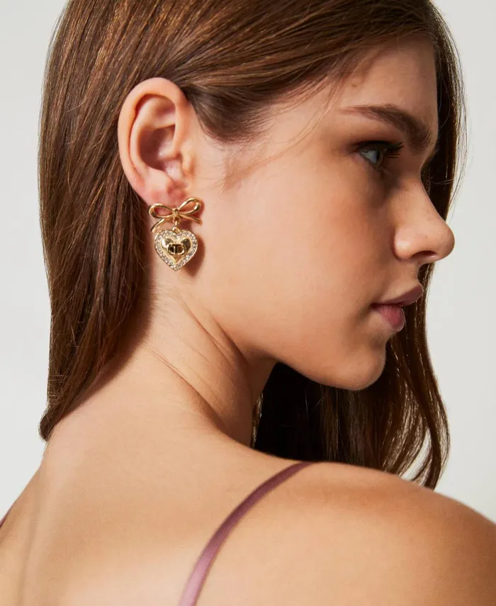 Twinset Heart Earrings With Rhinestones And Oval T New Gold Women Jewellery Twinset Heart Earrings With Rhinestones And Oval T New Gold Women Jewellery