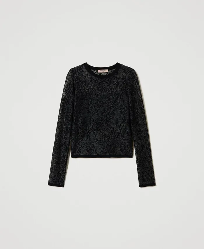 Twinset Jacquard Jumper With Lace Effect Black Women Jumpers And Cardigans Twinset Jacquard Jumper With Lace Effect Black Women Jumpers And Cardigans