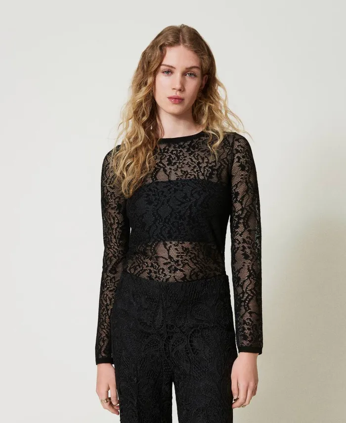 Twinset Jacquard Jumper With Lace Effect Black Women Jumpers And Cardigans Twinset Jacquard Jumper With Lace Effect Black Women Jumpers And Cardigans